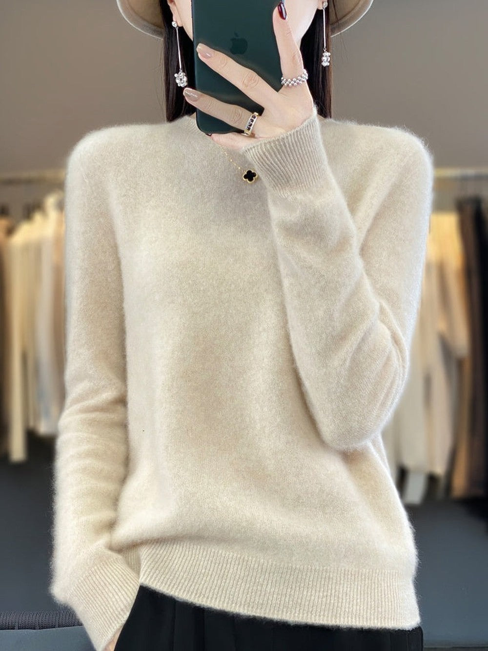 Women's Classic Crew Neck Sweater with Long Sleeves - Ida - Cream