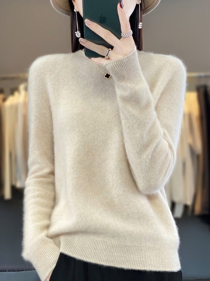 Women's Classic Crew Neck Sweater with Long Sleeves - Ida - Cream