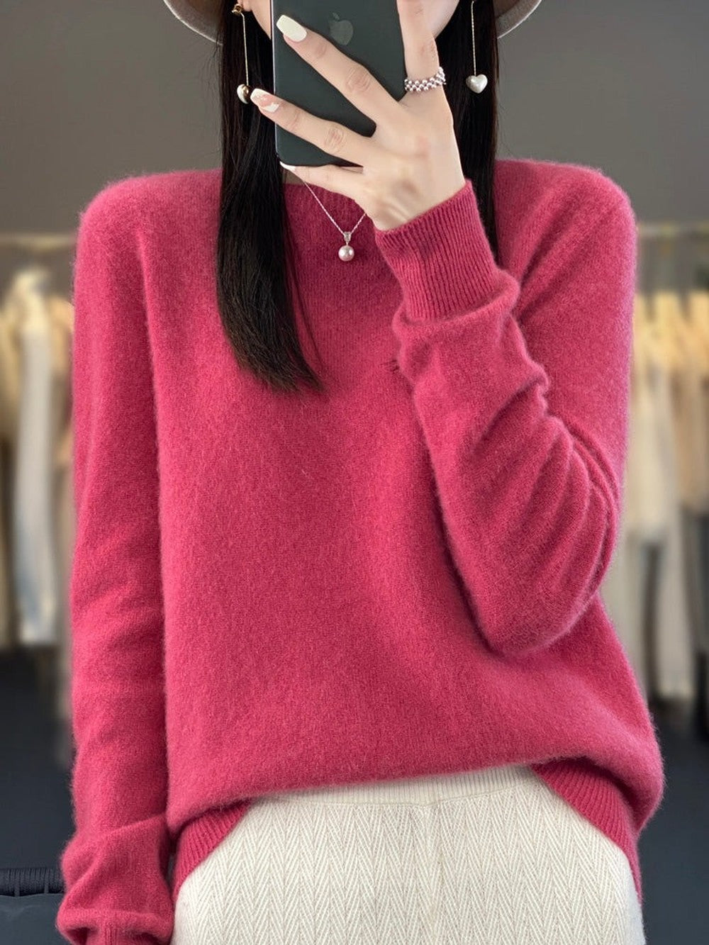 Women's Classic Crew Neck Sweater with Long Sleeves - Ida - Raspberry
