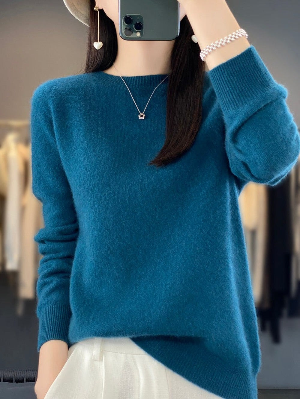 Women's Classic Crew Neck Sweater with Long Sleeves - Ida - Teal