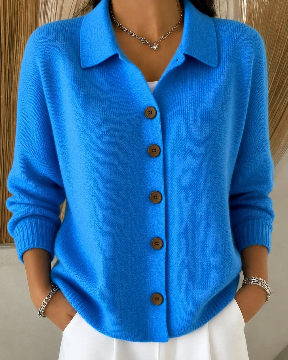 Women's Collared Cardigan with Button Front - Penny - Bright Blue