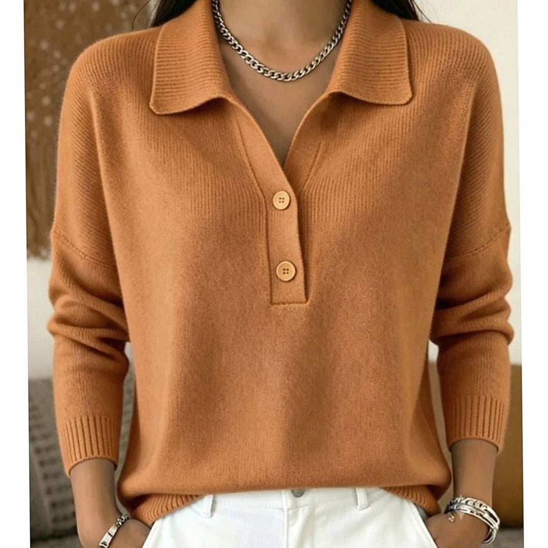 Women's Collared Sweater with Button Placket - Dahlia - Caramel