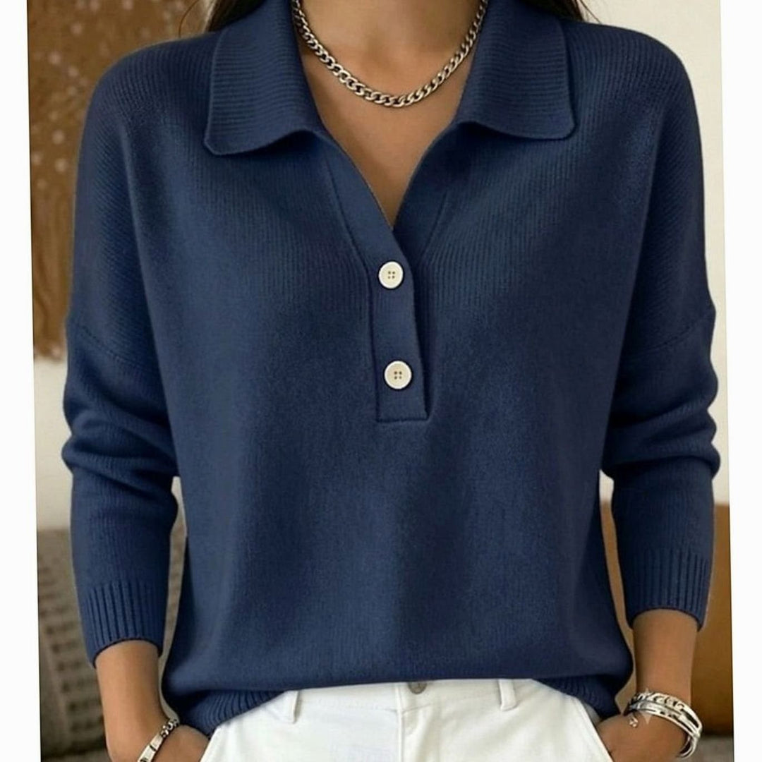 Women's Collared Sweater with Button Placket - Dahlia - Navy