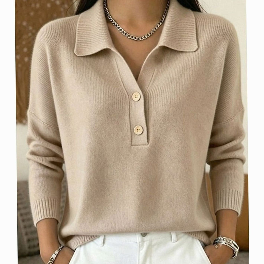 Women's Collared Sweater with Button Placket - Dahlia - Oatmeal
