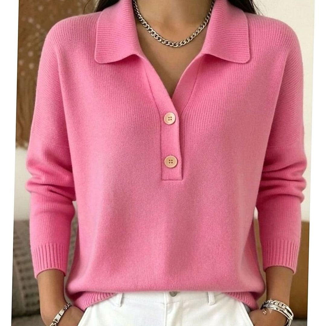 Women's Collared Sweater with Button Placket - Dahlia - Pink