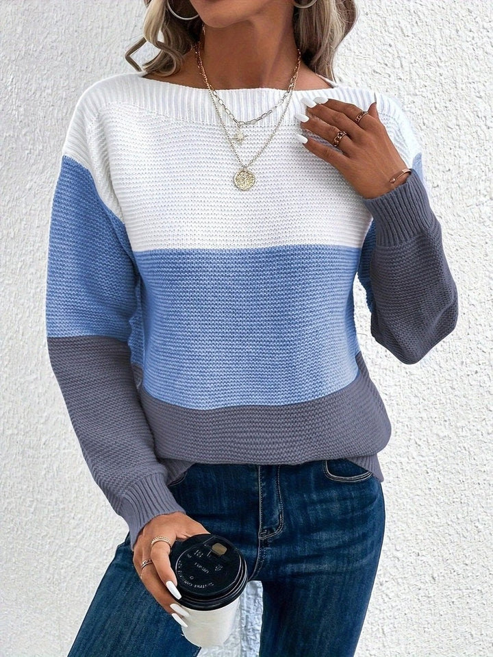 Women's Color Block Sweater with Boat Neck - Faye - Blue