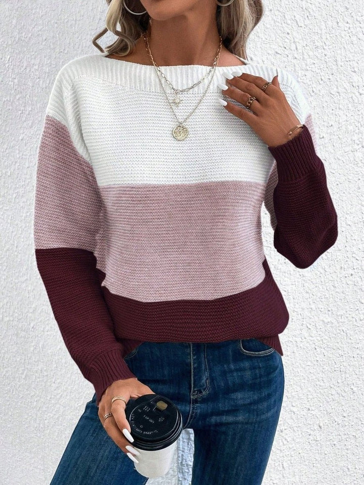 Women's Color Block Sweater with Boat Neck - Faye - Burgundy