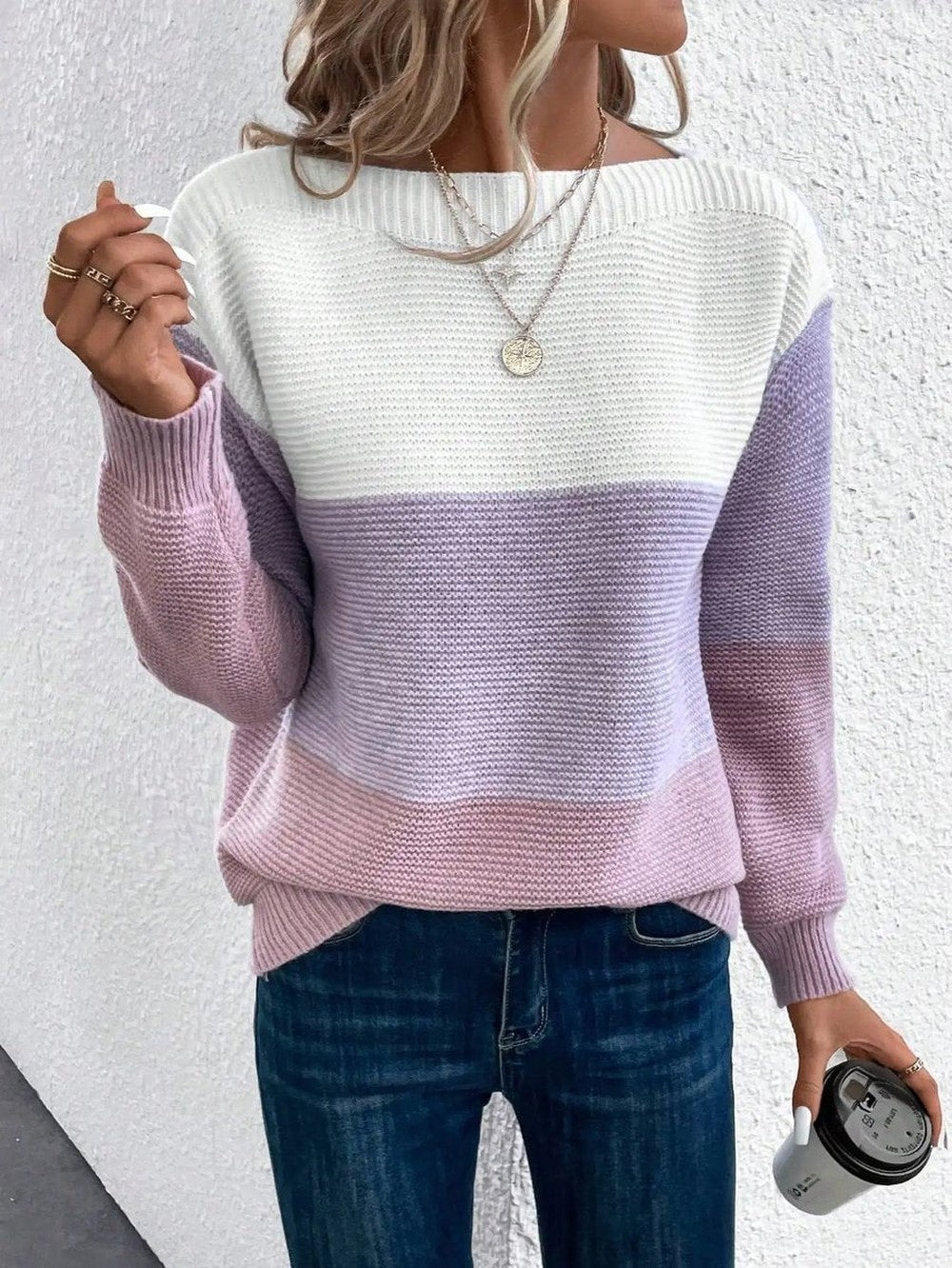 Women's Color Block Sweater with Boat Neck - Faye - Lilac