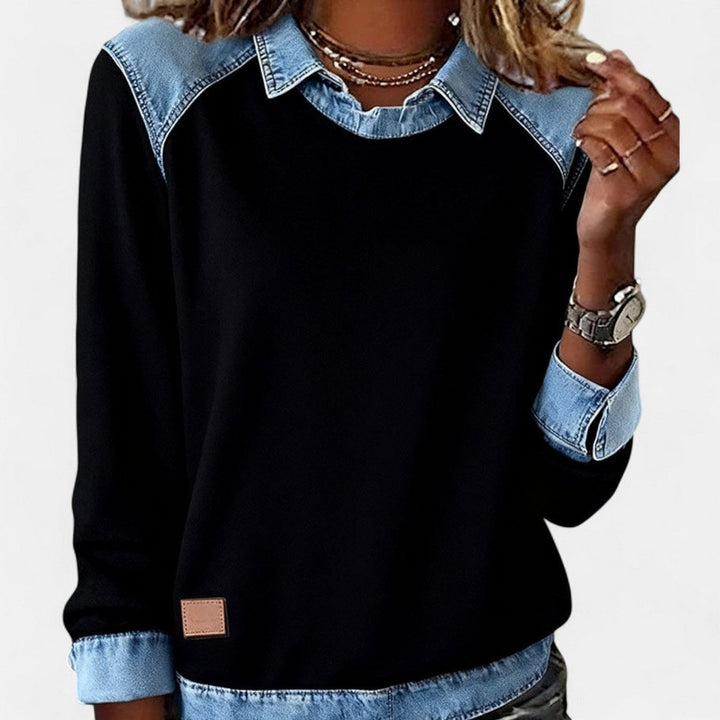 Women's Color Block Sweater with Shirt Collar - Evie - Black