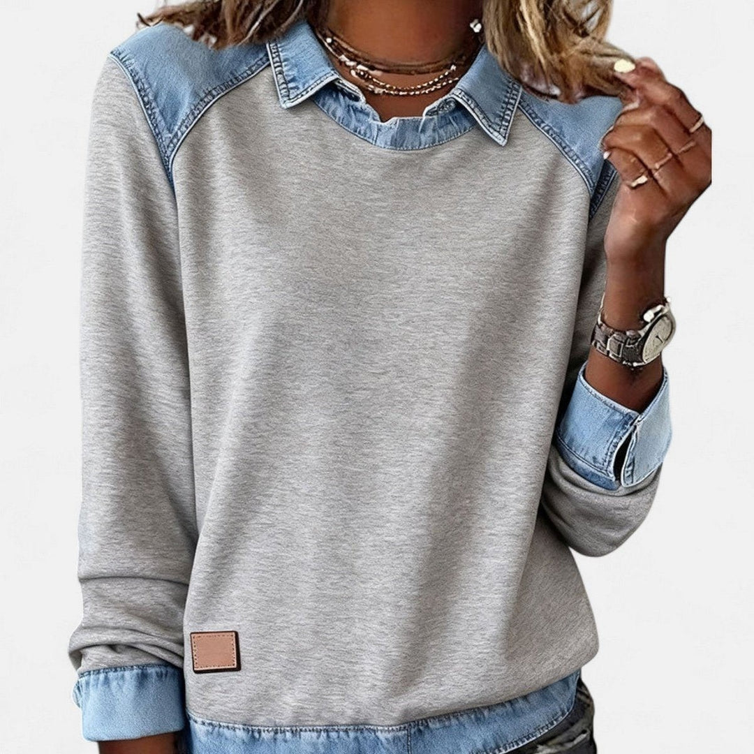 Women's Color Block Sweater with Shirt Collar - Evie - Gray