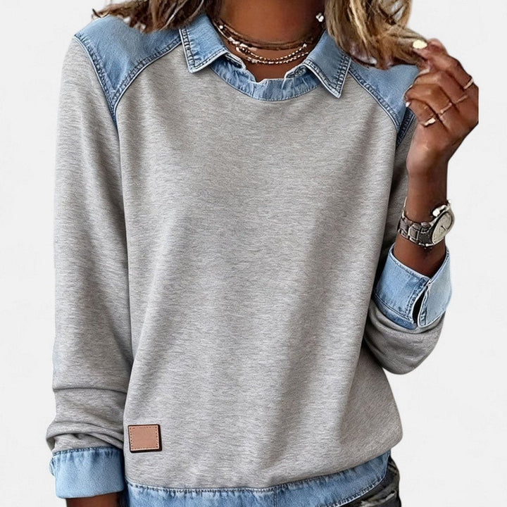Women's Color Block Sweater with Shirt Collar - Evie - Gray