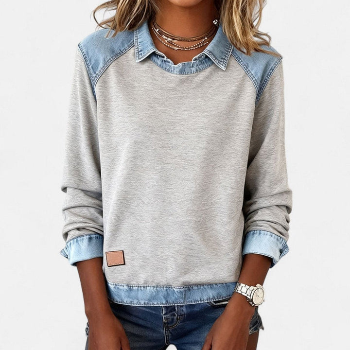 Women's Color Block Sweater with Shirt Collar - Evie - Gray