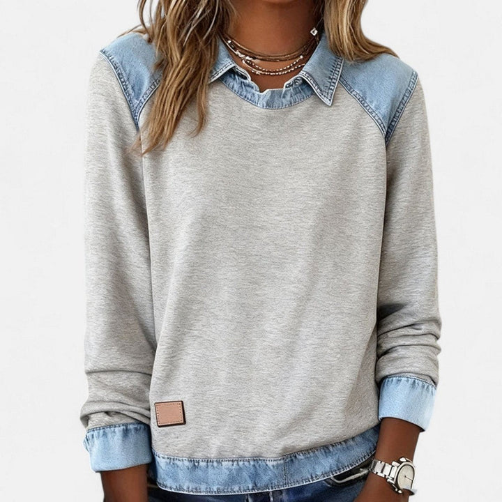 Women's Color Block Sweater with Shirt Collar - Evie - Gray