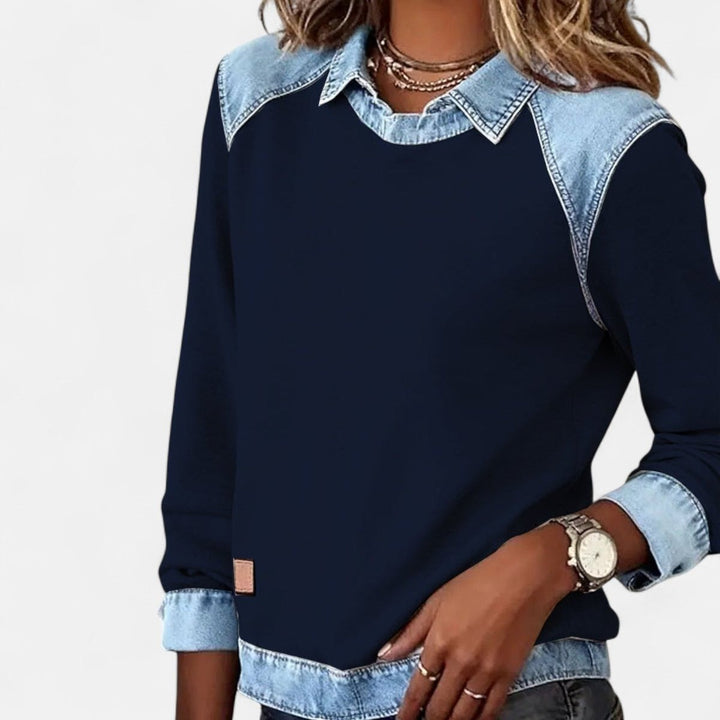 Women's Color Block Sweater with Shirt Collar - Evie - Navy