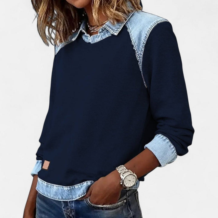Women's Color Block Sweater with Shirt Collar - Evie - Navy