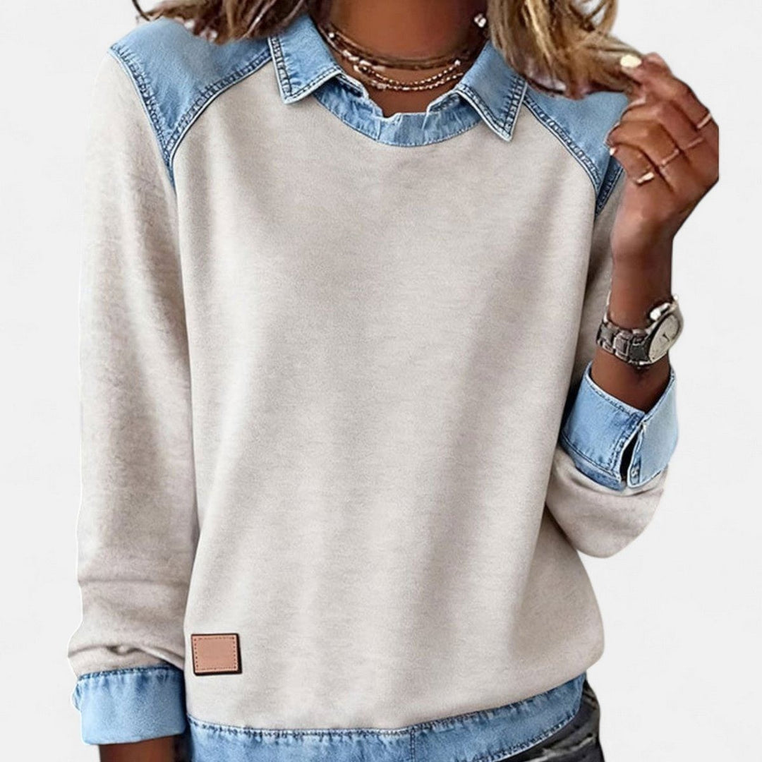 Women's Color Block Sweater with Shirt Collar - Evie - Oatmeal