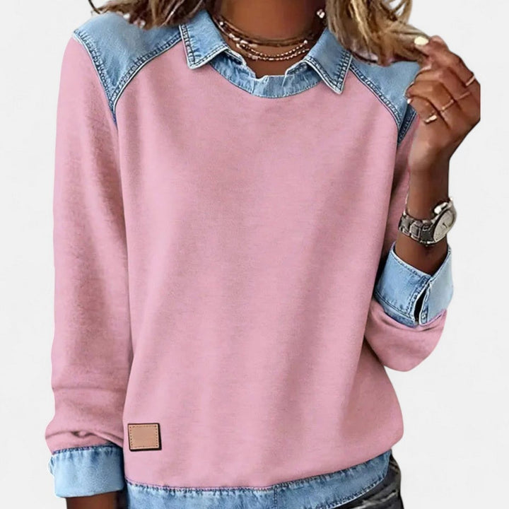 Women's Color Block Sweater with Shirt Collar - Evie - Pink
