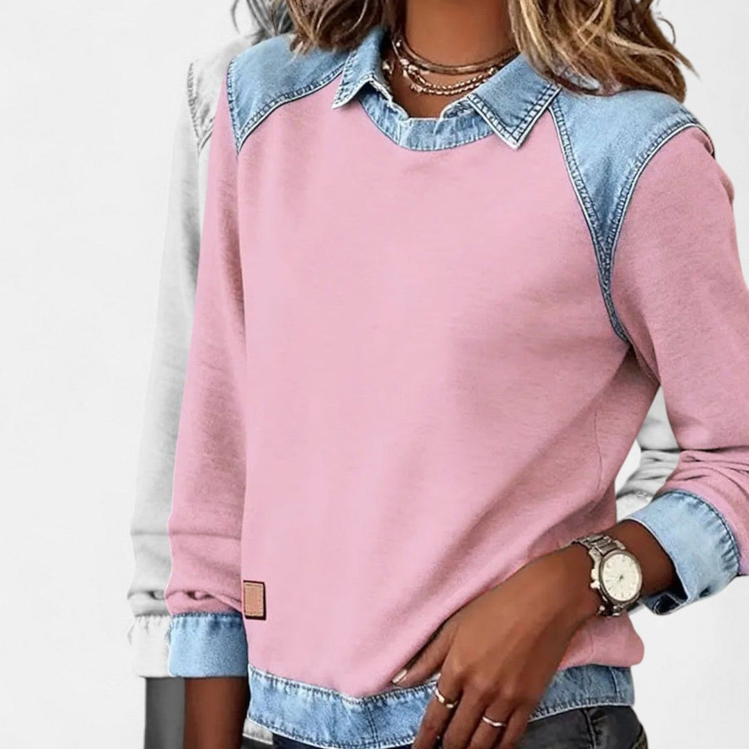 Women's Color Block Sweater with Shirt Collar - Evie - Pink