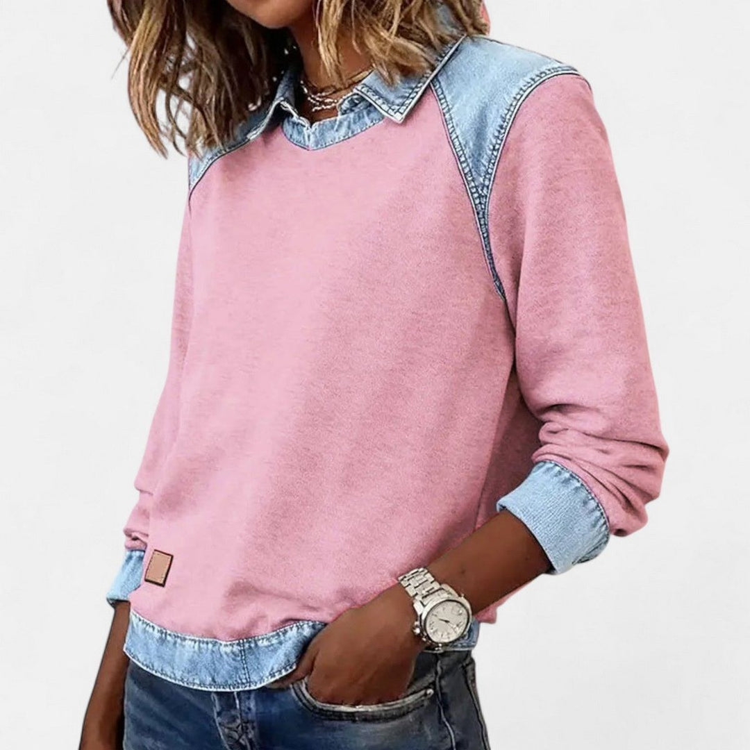 Women's Color Block Sweater with Shirt Collar - Evie - Pink