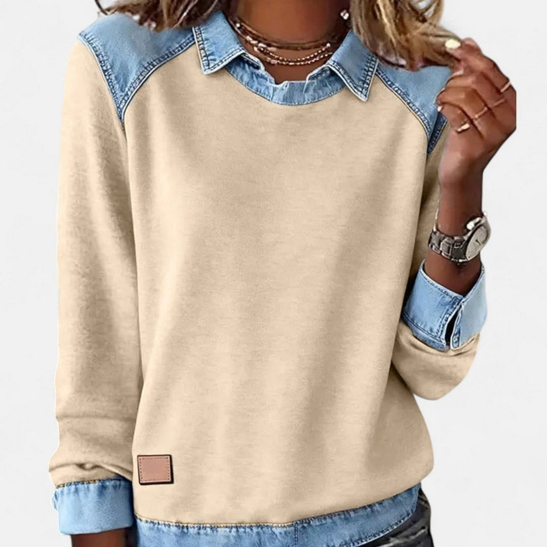 Women's Color Block Sweater with Shirt Collar - Evie - Sand
