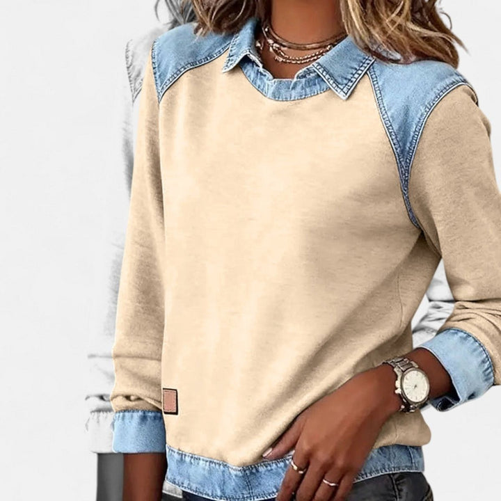 Women's Color Block Sweater with Shirt Collar - Evie - Sand