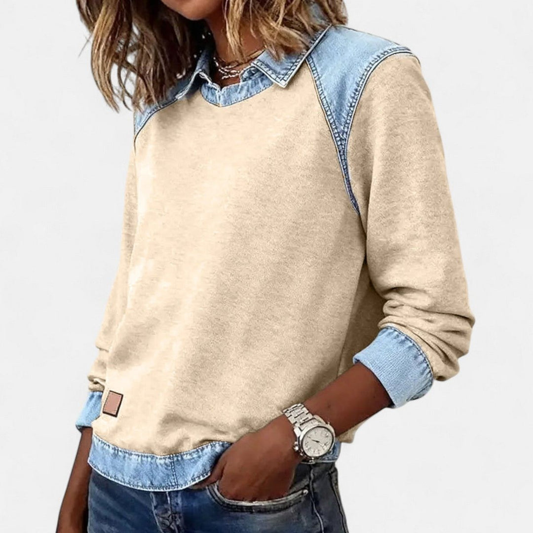 Women's Color Block Sweater with Shirt Collar - Evie - Sand