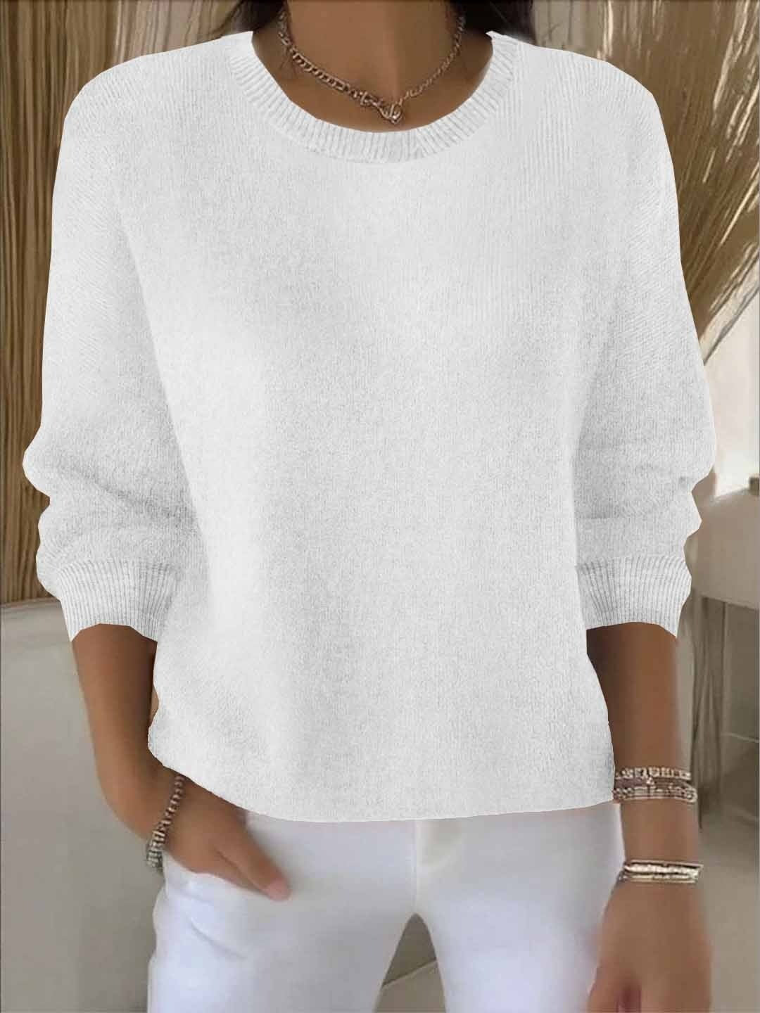Women's Crew Neck Sweater with Relaxed Fit - Fiona - White