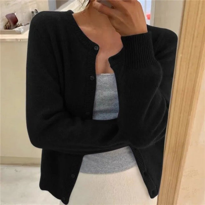 Women's Cropped Button Cardigan with Crew Neck - Kenna - Black