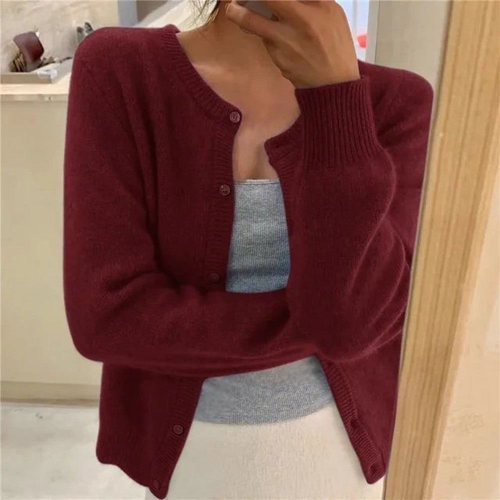 Women's Cropped Button Cardigan with Crew Neck - Kenna - Burgundy