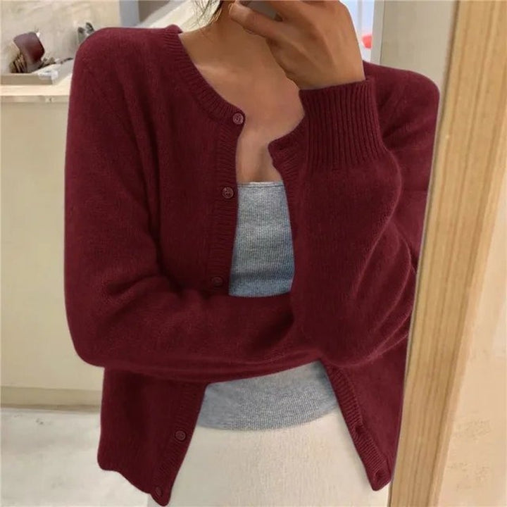 Women's Cropped Button Cardigan with Crew Neck - Kenna - Burgundy
