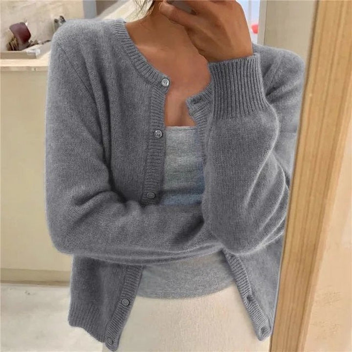 Women's Cropped Button Cardigan with Crew Neck - Kenna - Gray