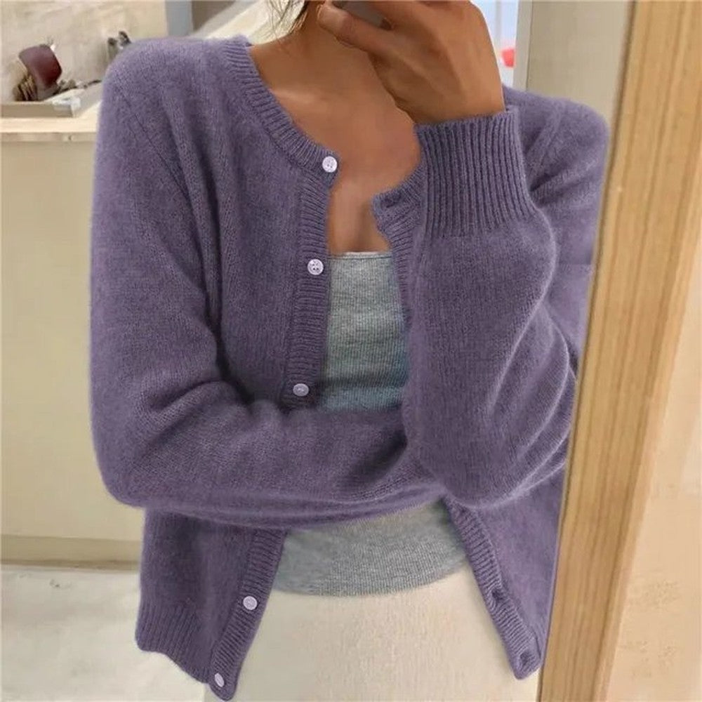Women's Cropped Button Cardigan with Crew Neck - Kenna - Lavender