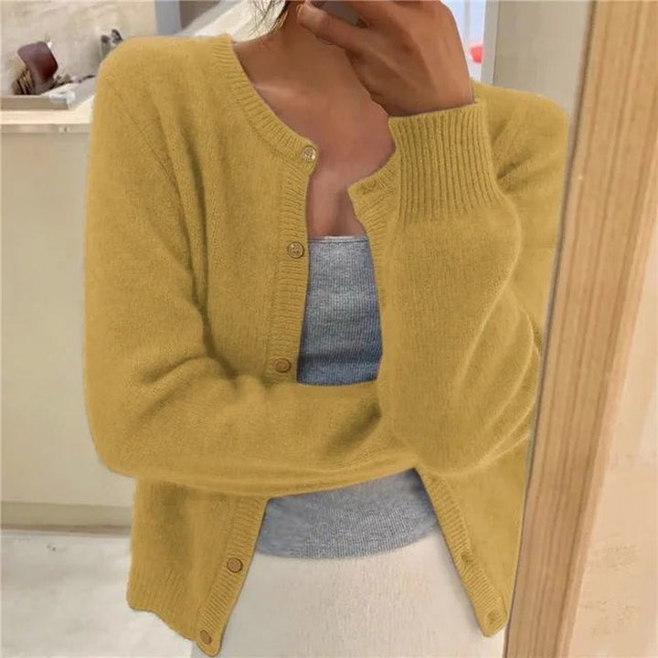 Women's Cropped Button Cardigan with Crew Neck - Kenna - Mustard