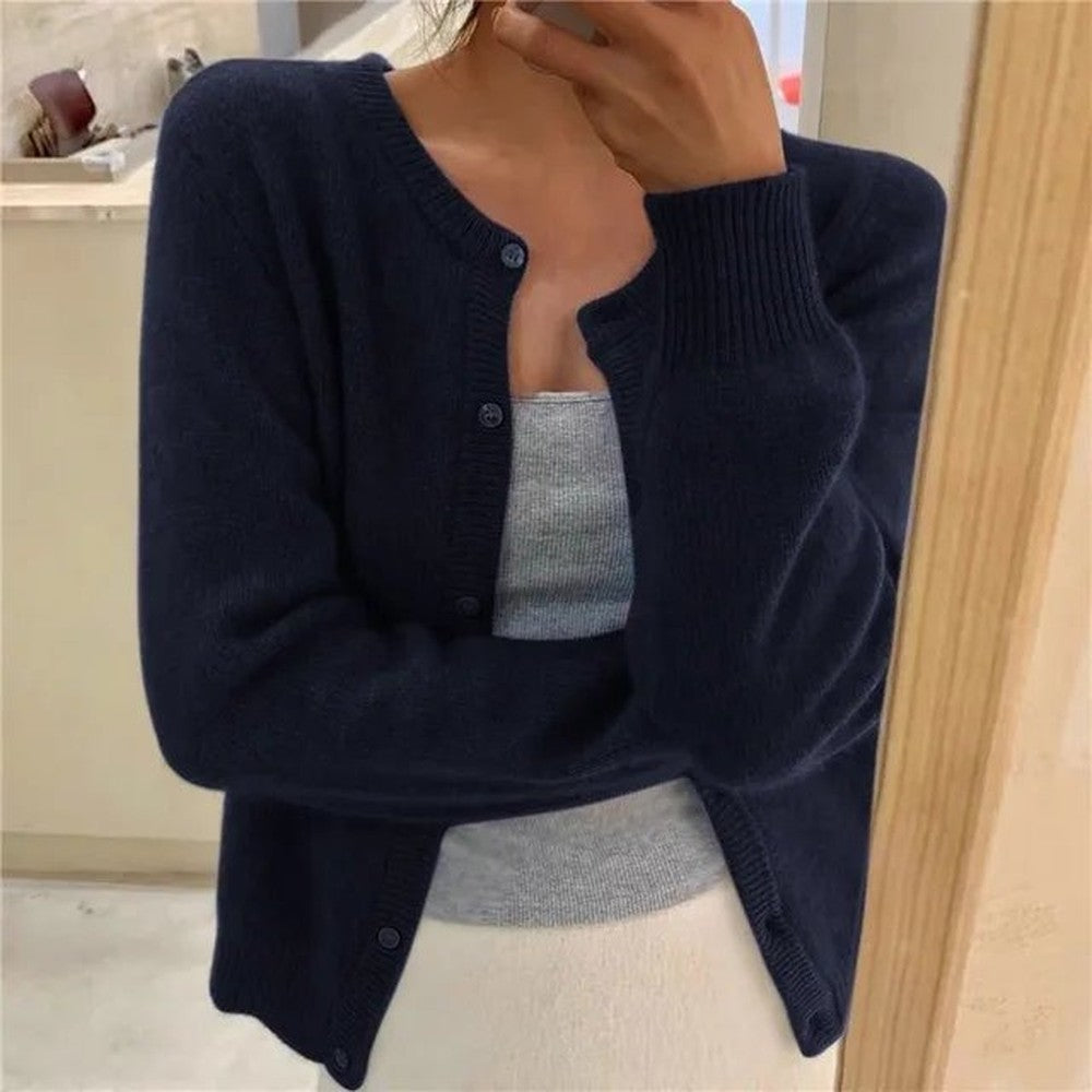 Women's Cropped Button Cardigan with Crew Neck - Kenna - Navy