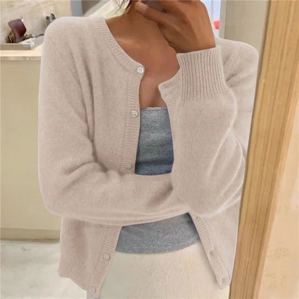 Women's Cropped Button Cardigan with Crew Neck - Kenna - Oatmeal