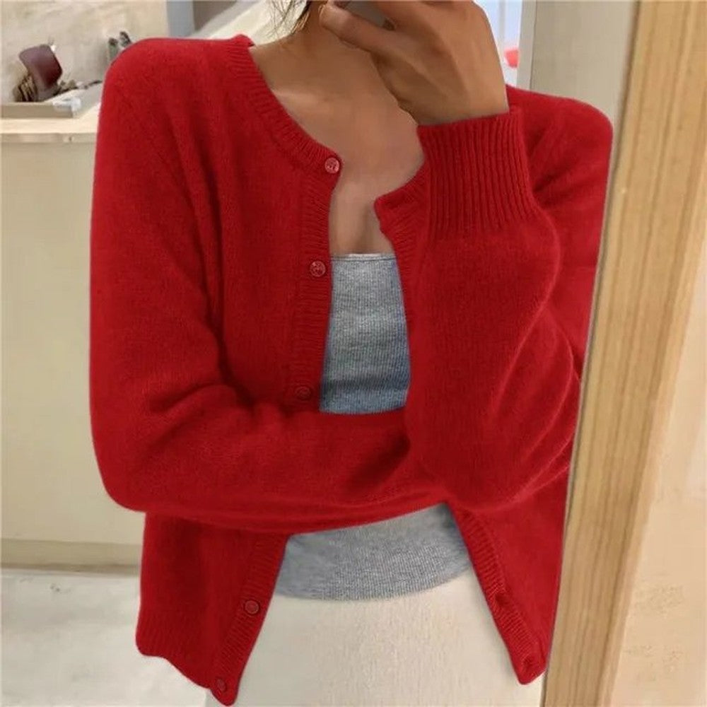 Women's Cropped Button Cardigan with Crew Neck - Kenna - Red