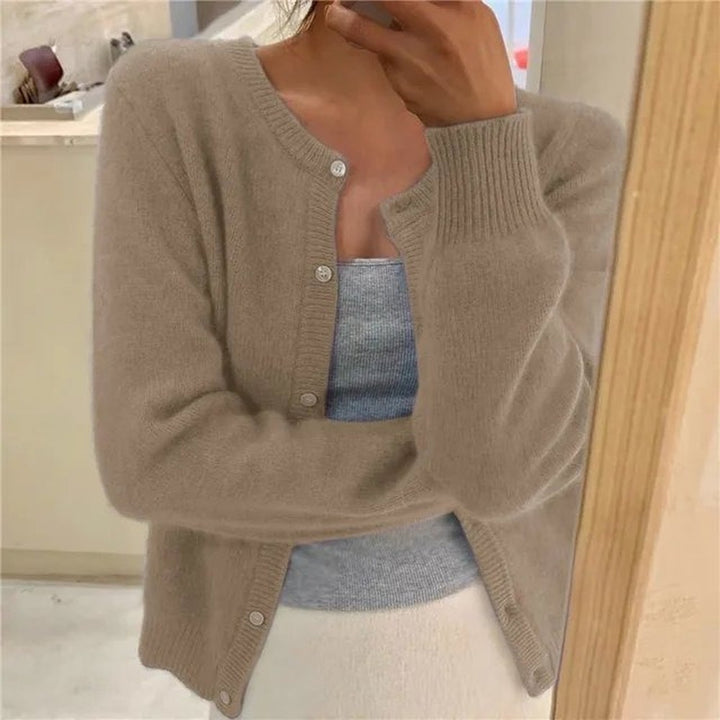 Women's Cropped Button Cardigan with Crew Neck - Kenna - Taupe