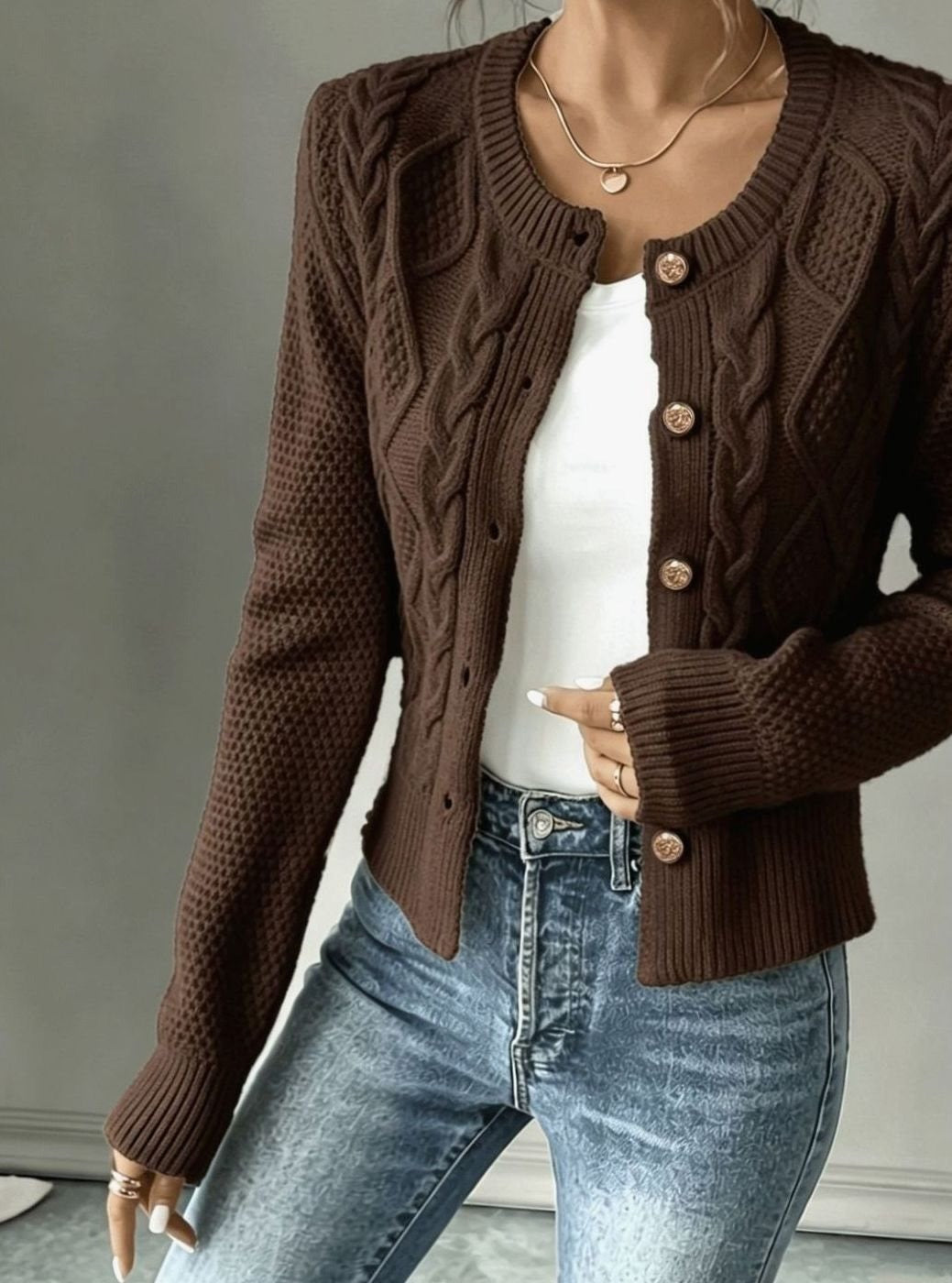 Women's Cropped Cable Knit Cardigan - Hope - Brown