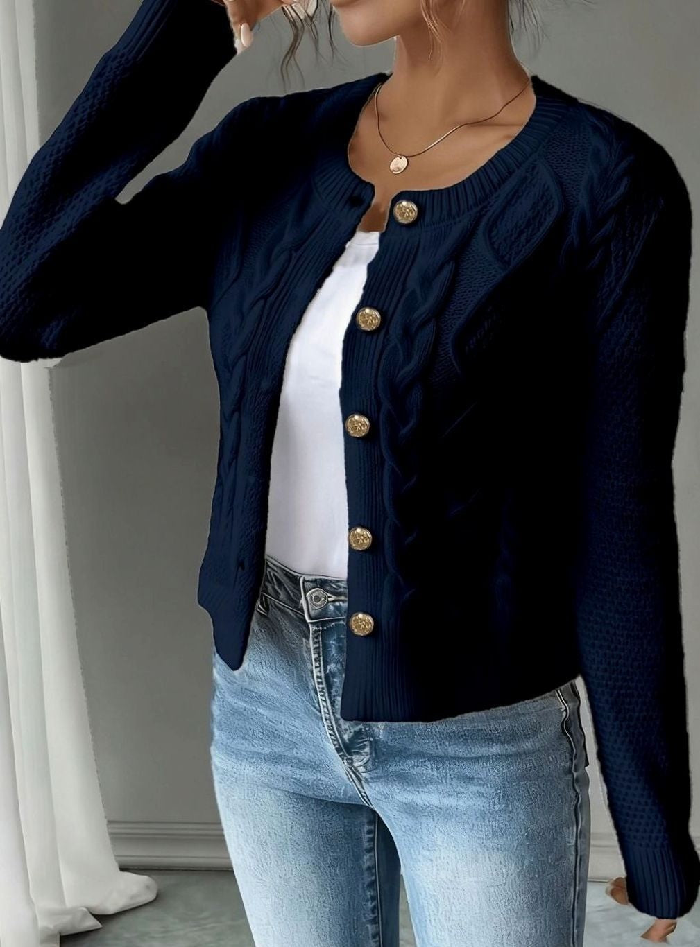 Women's Cropped Cable Knit Cardigan - Hope - Navy