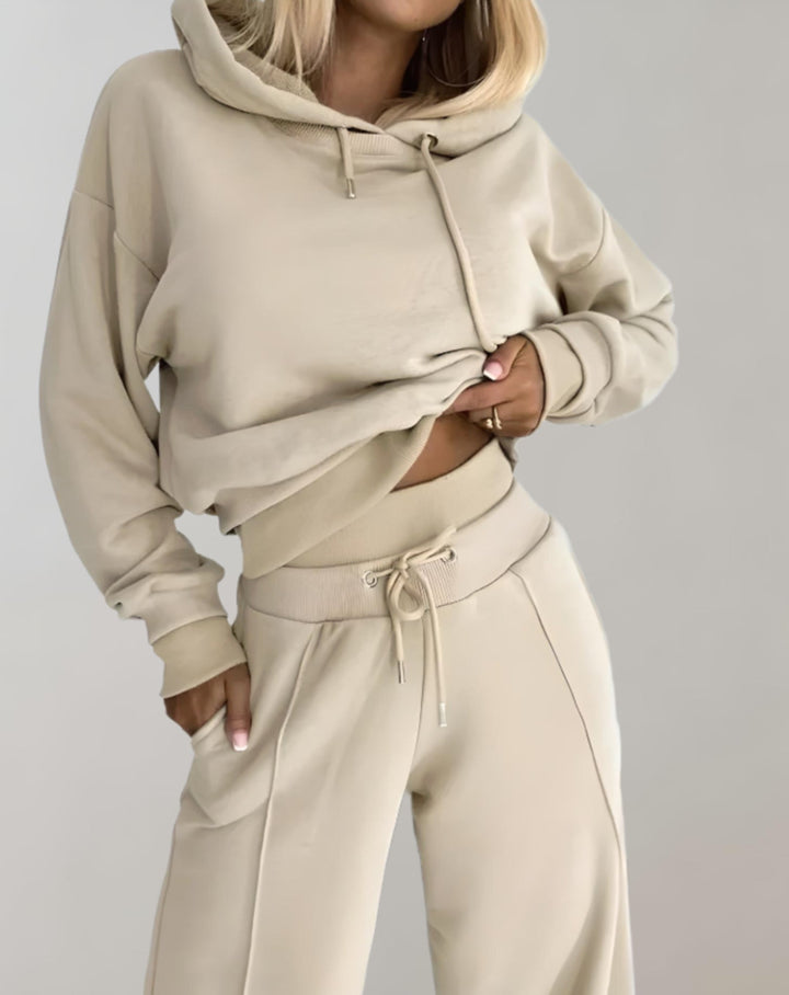 Women's Cropped Hoodie Set with Wide Leg Sweatpants - Juno - Beige
