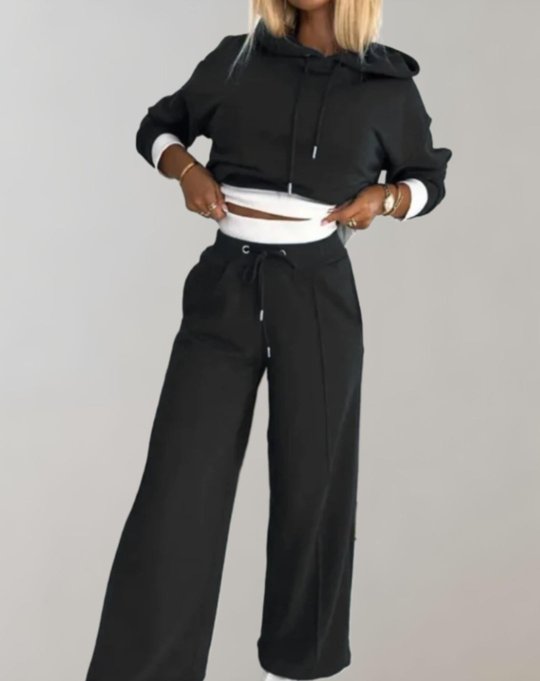 Women's Cropped Hoodie Set with Wide Leg Sweatpants - Juno - Black
