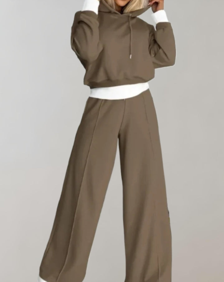Women's Cropped Hoodie Set with Wide Leg Sweatpants - Juno - Brown