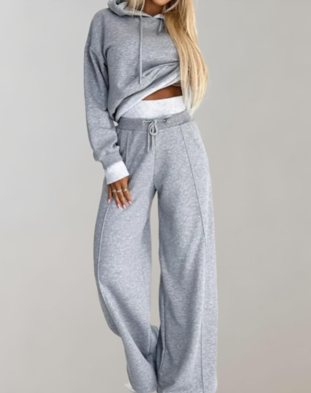 Women's Cropped Hoodie Set with Wide Leg Sweatpants - Juno - Gray