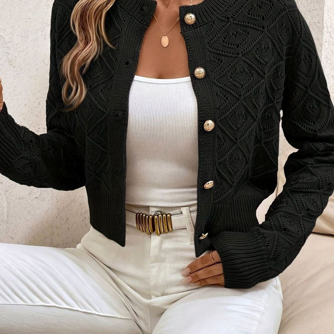 Women's Cropped Pointelle Cardigan with Gold Buttons - Tamsin - Black