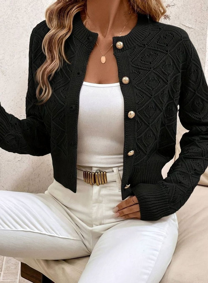 Women's Cropped Pointelle Cardigan with Gold Buttons - Tamsin - Black