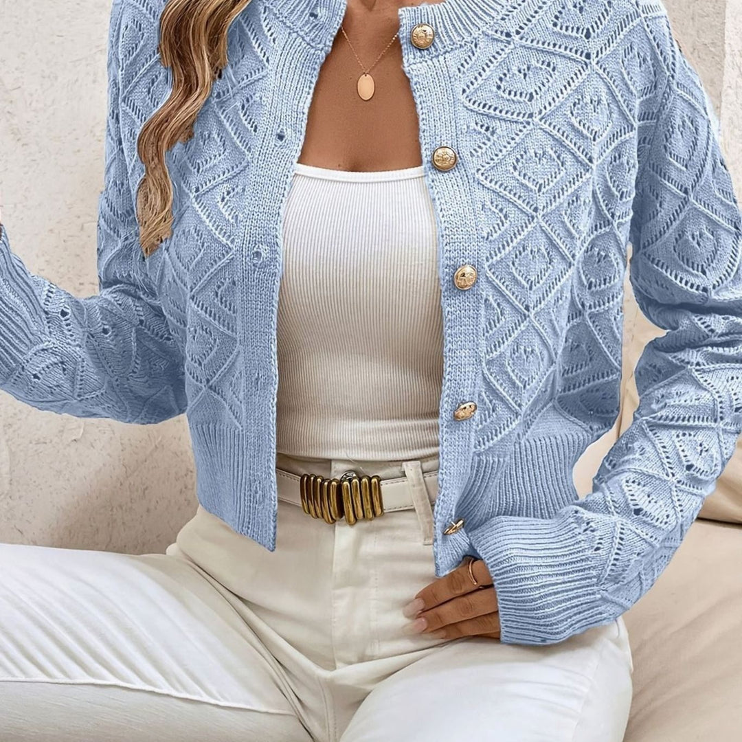 Women's Cropped Pointelle Cardigan with Gold Buttons - Tamsin - Blue