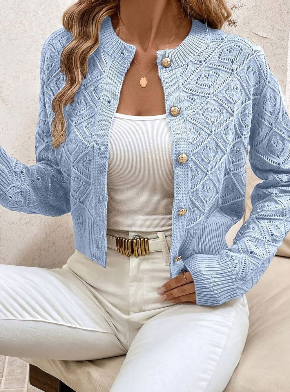 Women's Cropped Pointelle Cardigan with Gold Buttons - Tamsin - Blue