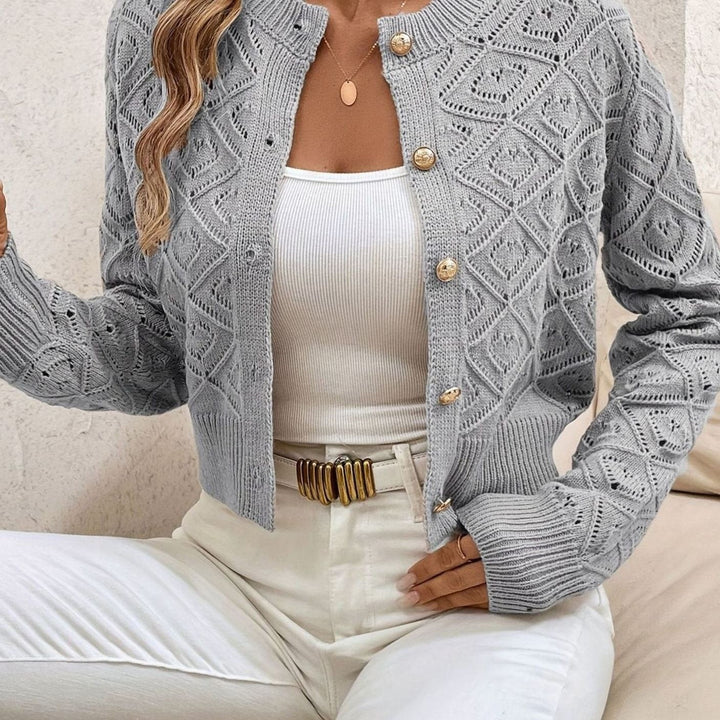 Women's Cropped Pointelle Cardigan with Gold Buttons - Tamsin - Gray