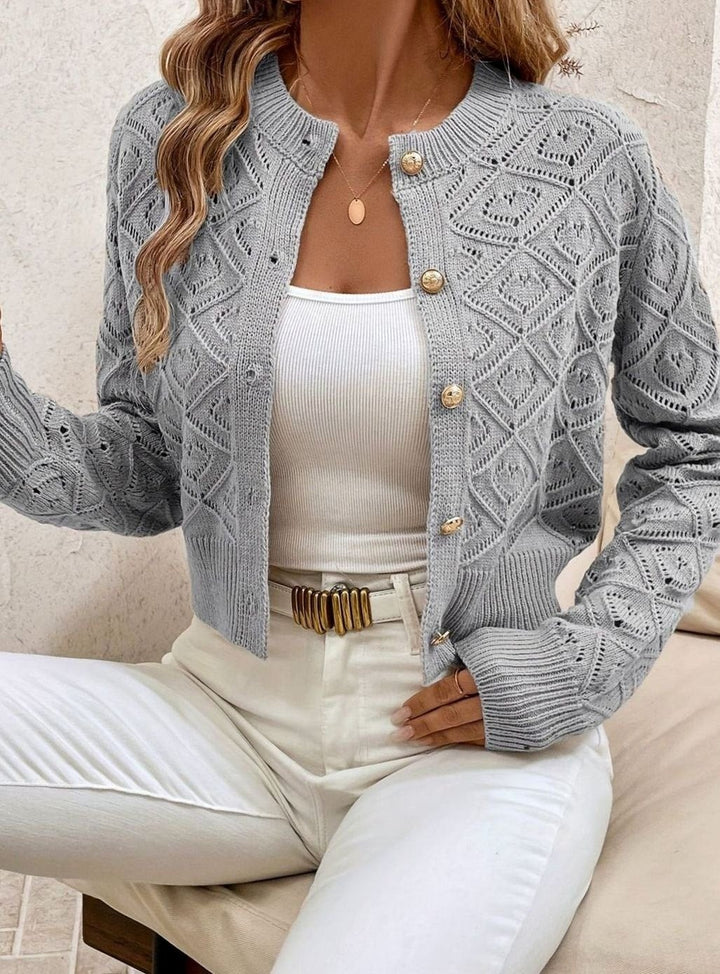 Women's Cropped Pointelle Cardigan with Gold Buttons - Tamsin - Gray