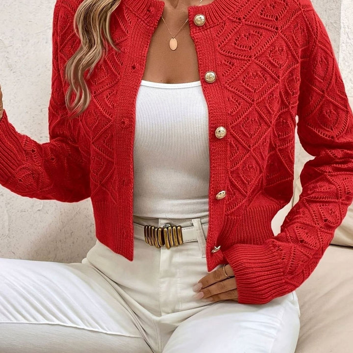 Women's Cropped Pointelle Cardigan with Gold Buttons - Tamsin - Red